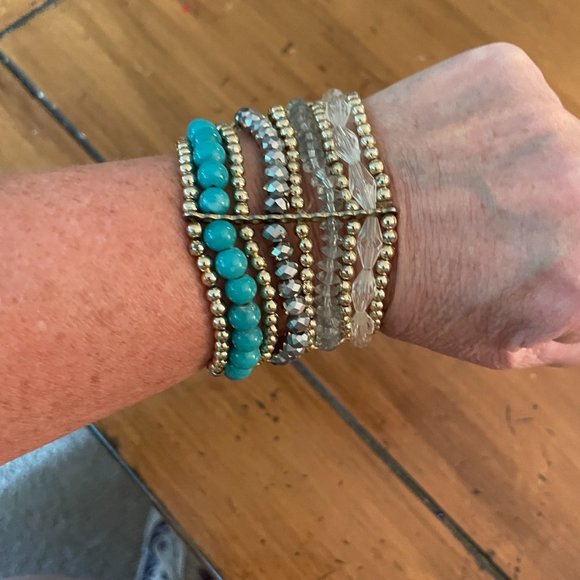Multi-Strand Beaded Bracelet, Silver, Gold, Faceted, Turquoise & Clear B… - Picture 3 of 3